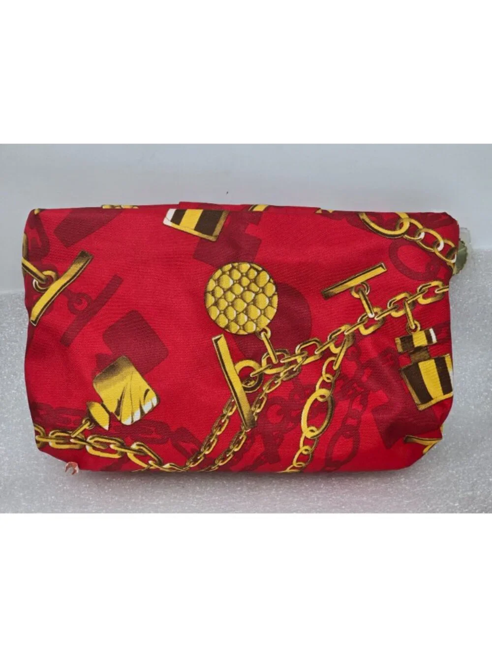 Estee Lauder Red Makeup Cosmetic Bag With Gold Chain Print & Zipper Closure